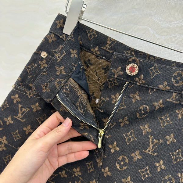LV 25 Classic Logo Denim Skirt Black Cotton