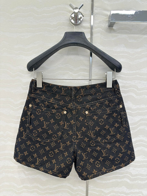 LV 25 Classic Logo Denim Shorts Black Cotton