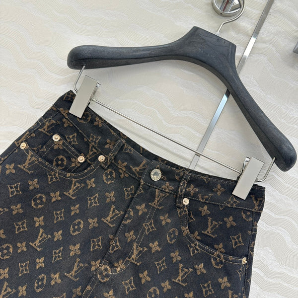 LV 25 Classic Logo Denim Shorts Black Cotton
