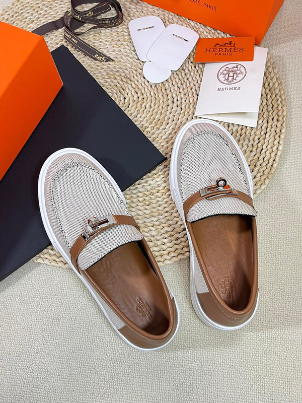 HM Buckle Casual Loafer Brown Cowhide Cloth 317045