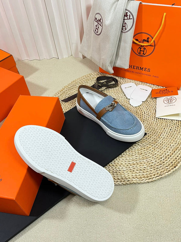 HM Denim Loafer Blue Brown Cowhide Cloth 317047