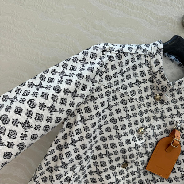 LV 25 Modern Logo Denim Long Jacket Black White Poliester
