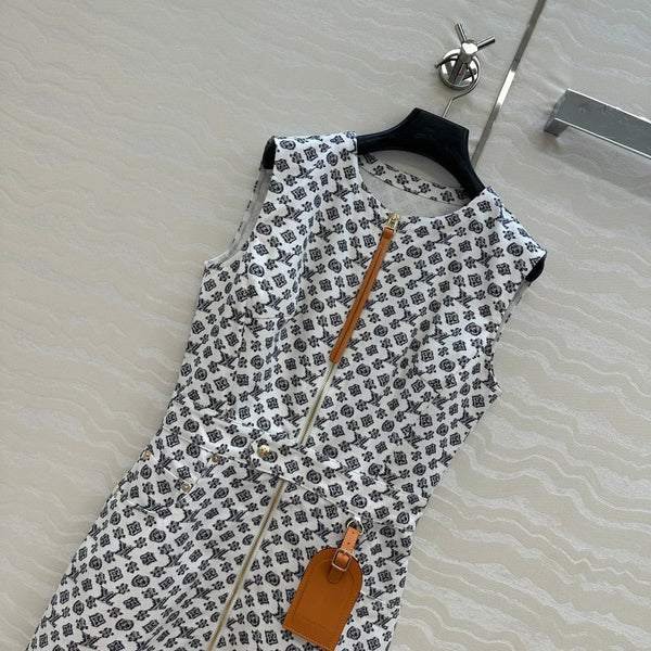 LV 25 Modern Logo Denim Long Vest Dress Black White Poliester