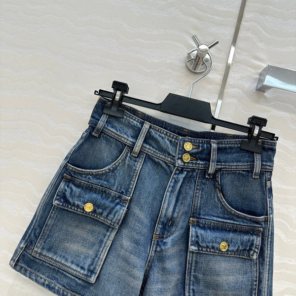 Short en jean bleu coton Celine Arc de Triomphe à boucle métallique