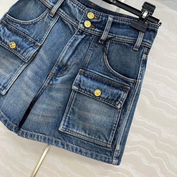 Short en jean bleu coton Celine Arc de Triomphe à boucle métallique