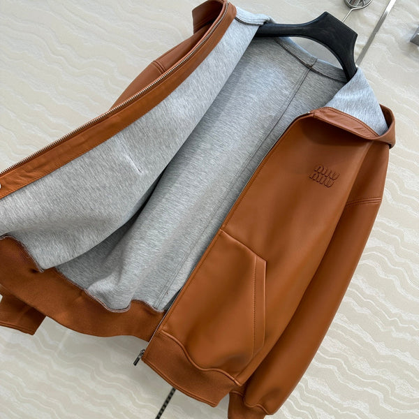 Miu Miu 25 Hooded Leather Jacket Orange Brown