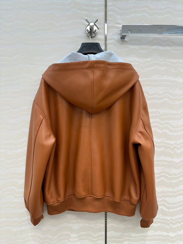 Miu Miu 25 Hooded Leather Jacket Orange Brown