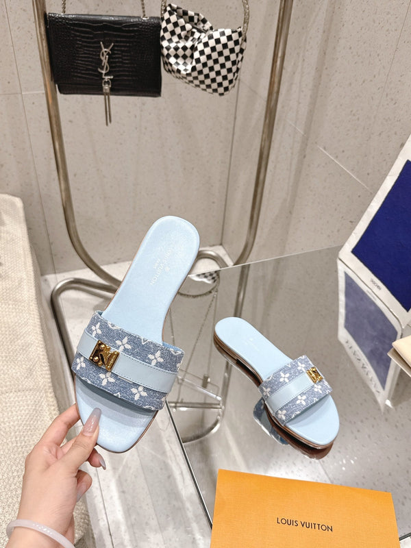 LV Flat Mules coppia rafia blu baby mix denim pelle bovina 383719