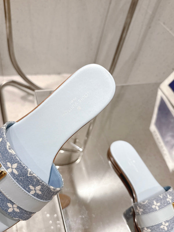 LV Flat Mules coppia rafia blu baby mix denim pelle bovina 383719