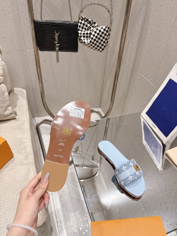 LV Flat Mules coppia rafia blu baby mix denim pelle bovina 383719