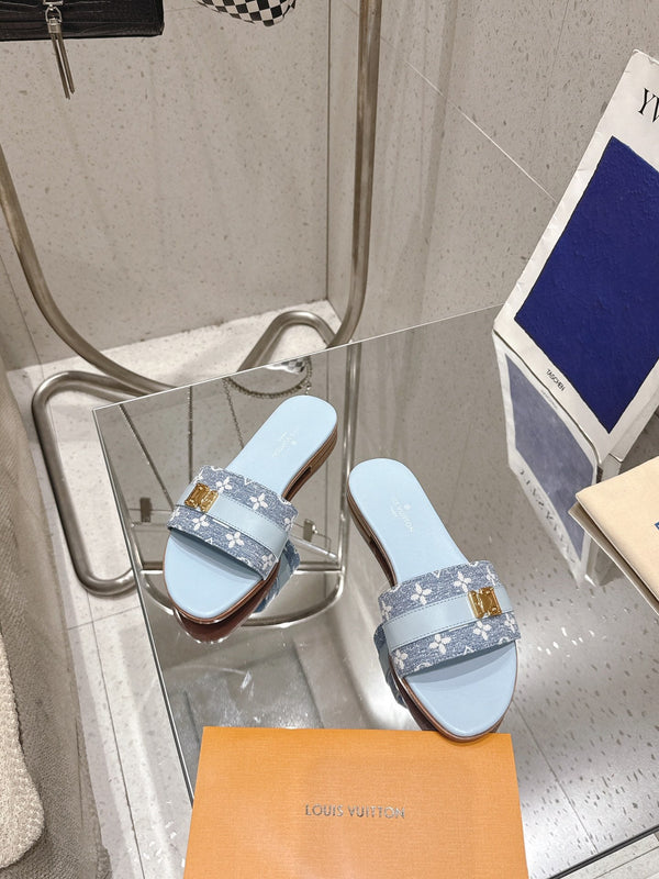 LV Flat Mules coppia rafia blu baby mix denim pelle bovina 383719