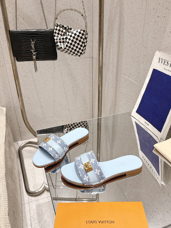 LV Flat Mules coppia rafia blu baby mix denim pelle bovina 383719