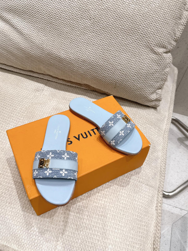 LV Flat Mules coppia rafia blu baby mix denim pelle bovina 383719
