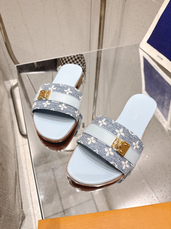 LV Flat Mules coppia rafia blu baby mix denim pelle bovina 383719