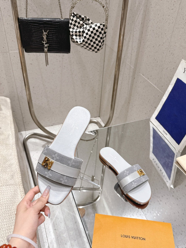 LV Flat Mules coppia rafia grigio misto denim pelle bovina 383720