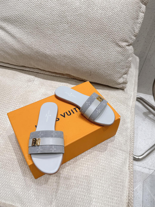 LV Flat Mules coppia rafia grigio misto denim pelle bovina 383720