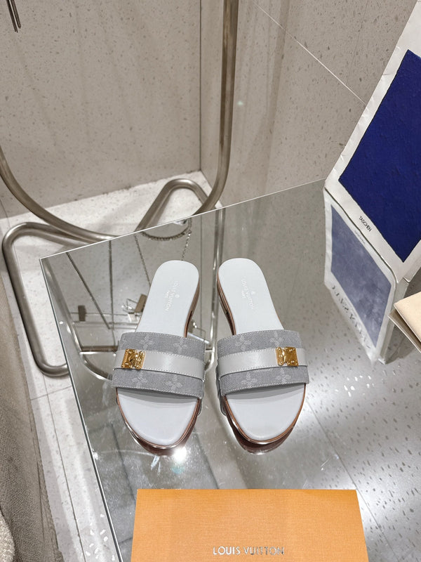 LV Flat Mules coppia rafia grigio misto denim pelle bovina 383720