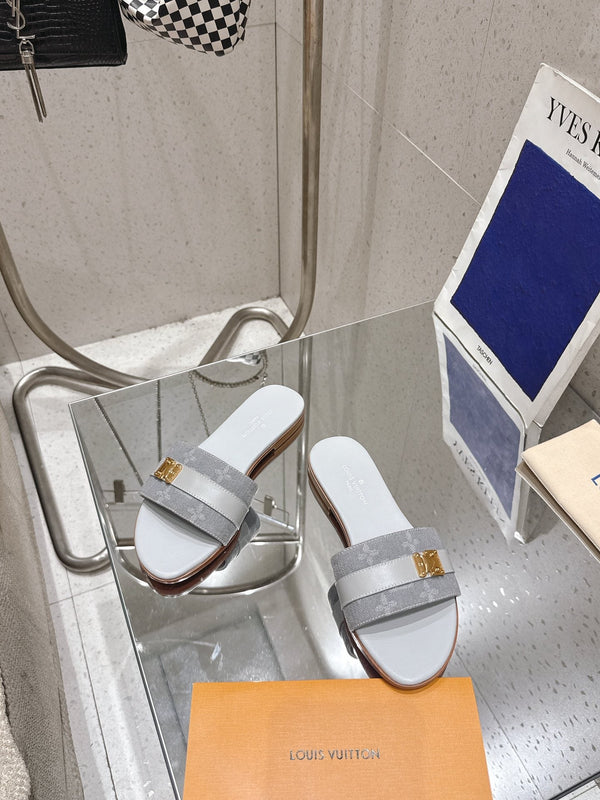 LV Flat Mules coppia rafia grigio misto denim pelle bovina 383720