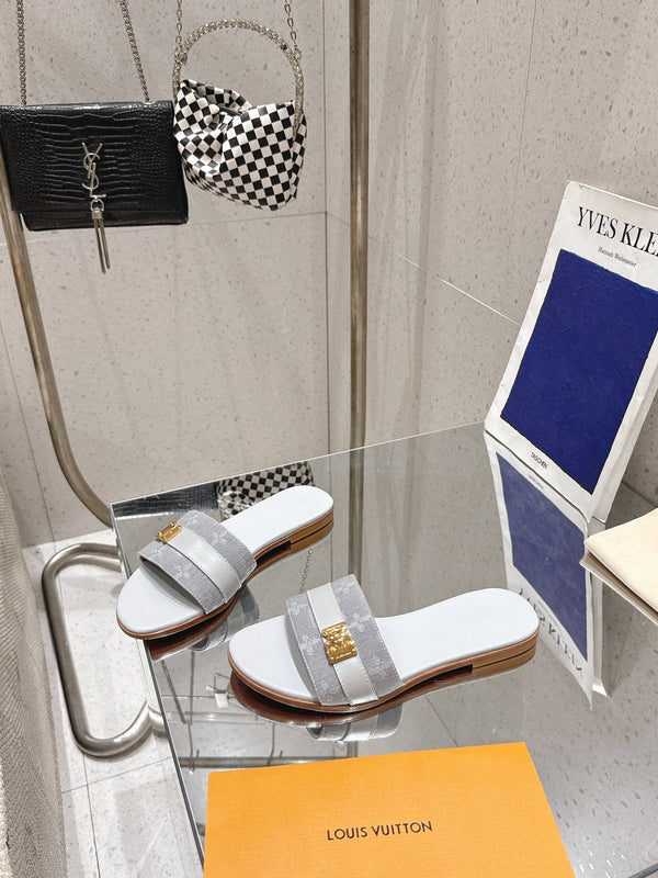 LV Flat Mules coppia rafia grigio misto denim pelle bovina 383720