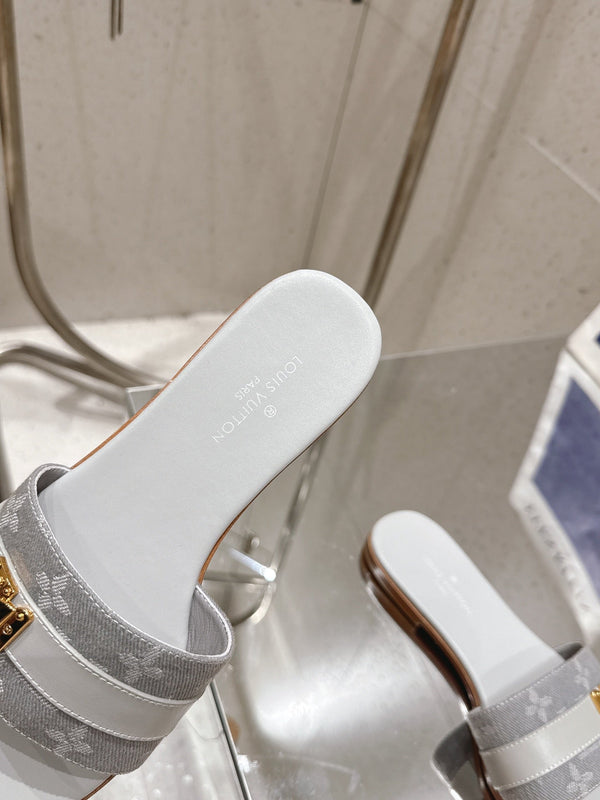 LV Flat Mules coppia rafia grigio misto denim pelle bovina 383720