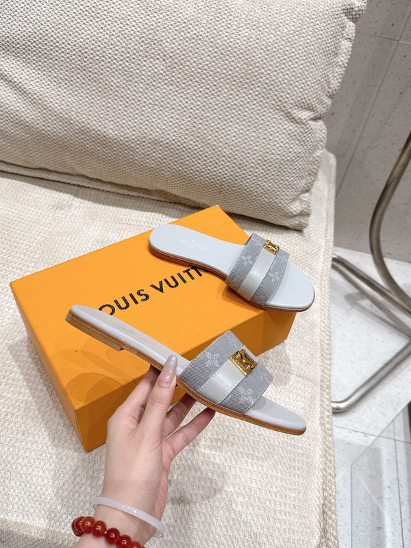 LV Flat Mules coppia rafia grigio misto denim pelle bovina 383720