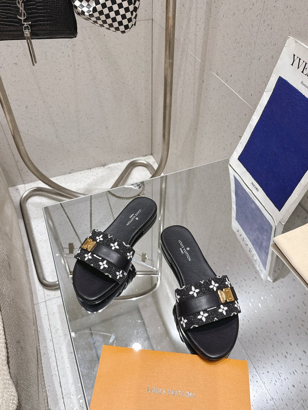 LV Flat Mules pairs raffia black monogram cowhide 383722