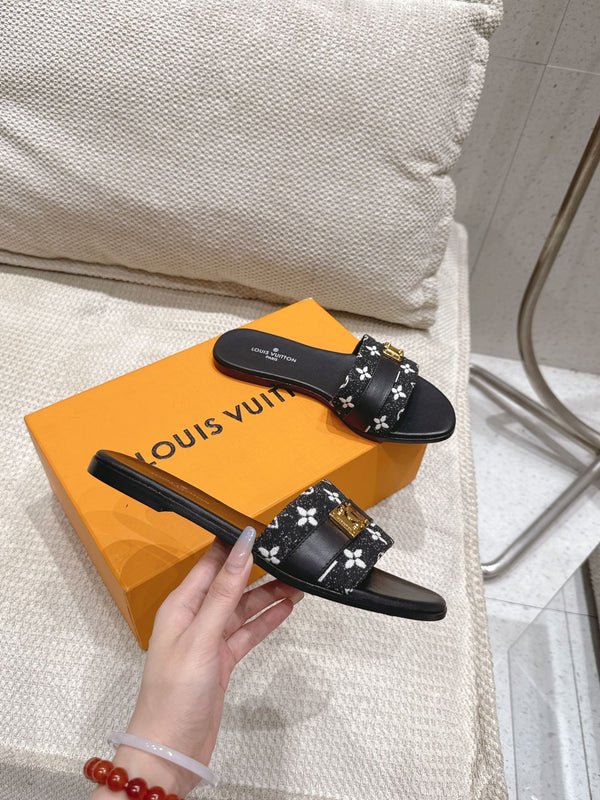 LV Flat Mules pairs raffia black monogram cowhide 383722