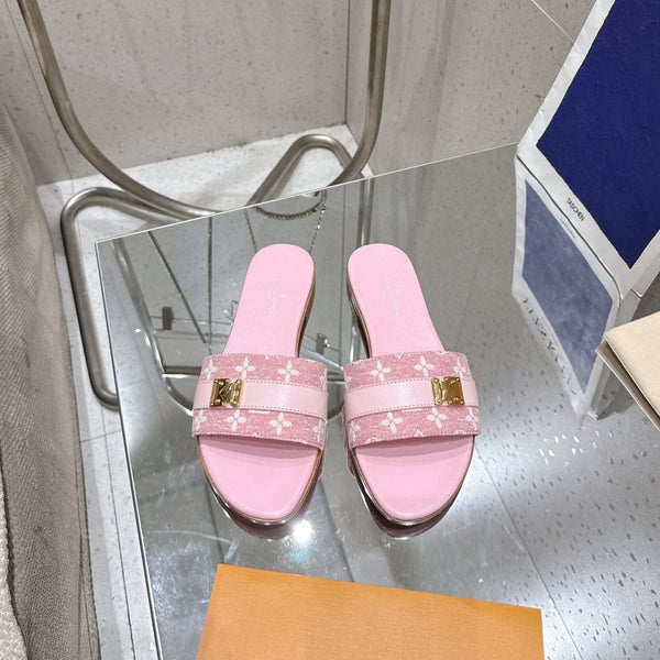 LV Flat Mules coppia rafia rosa monogramma pelle bovina 383723