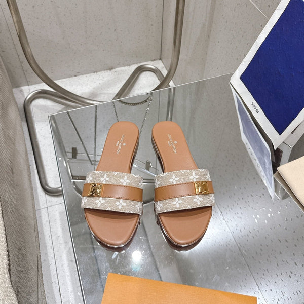 LV Flat Mules coppia rafia marrone monogramma pelle bovina 383724