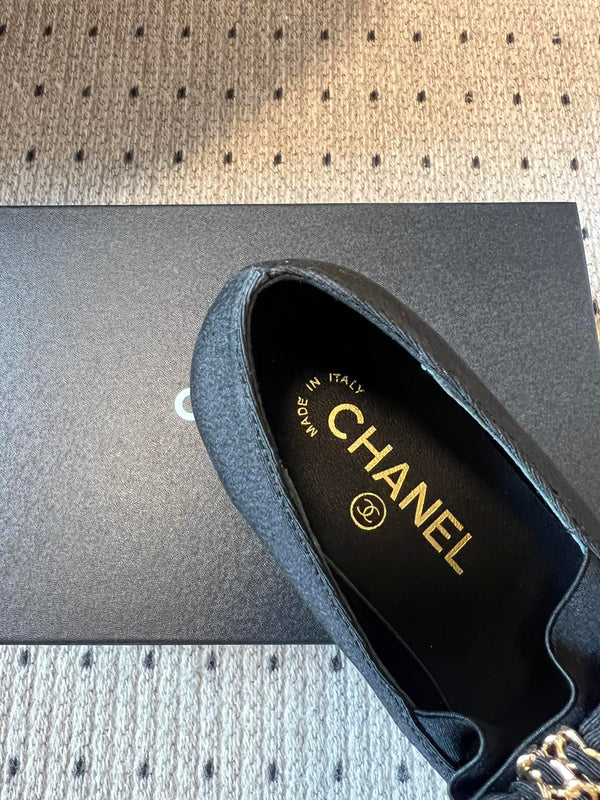 CC 25SS Bow Flat Shoes Black Sheepskin Canvas 530673