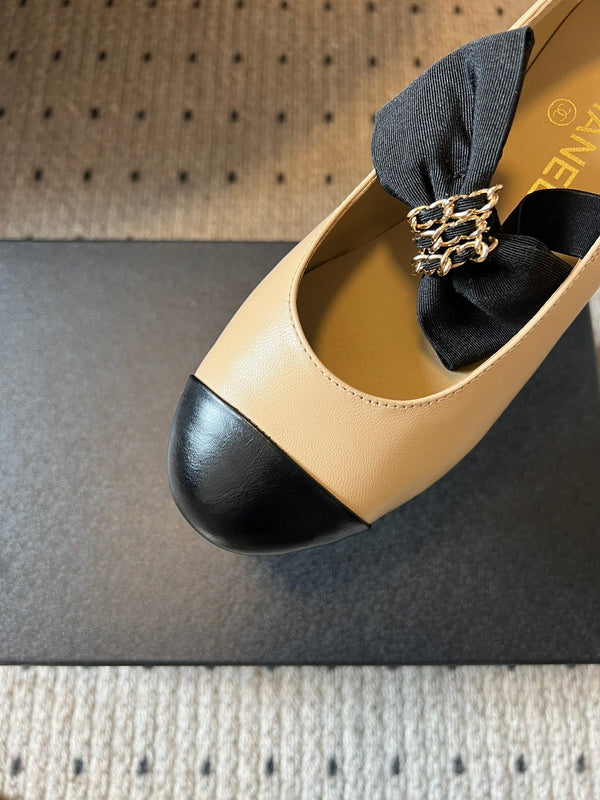 CC 25SS Bow Flat Shoes Black Beige Sheepskin Frabic 530676