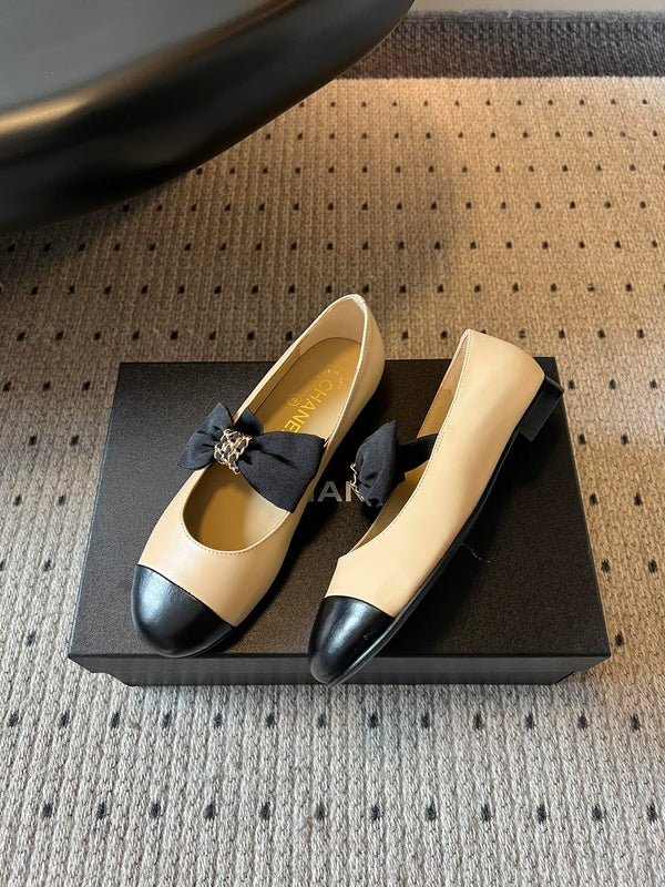 CC 25SS Bow Flat Shoes Black Beige Sheepskin Frabic 530676