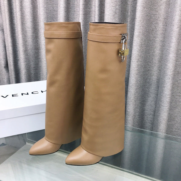Givenchy Shark-Lock Knee-High Boots Beige Cowhide