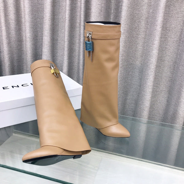 Givenchy Shark-Lock Knee-High Boots Beige Cowhide