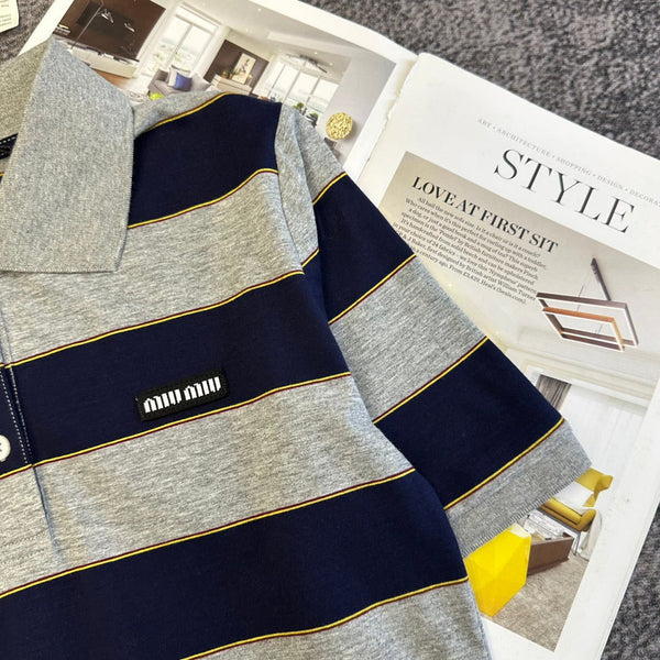 Miu PE26 Polo rayé noir gris coton 350879