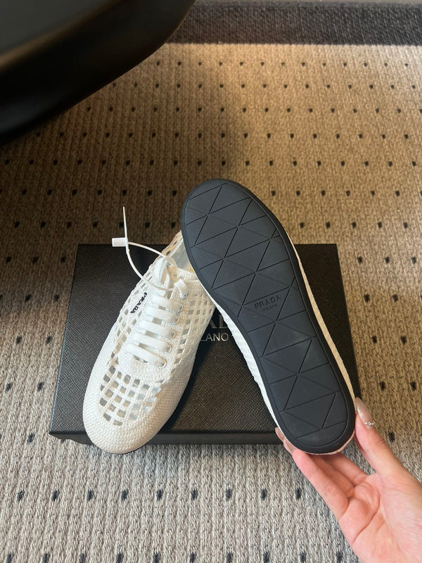 Baskets Prada 26s Collapse Blanches en Crochet Laçées 726977