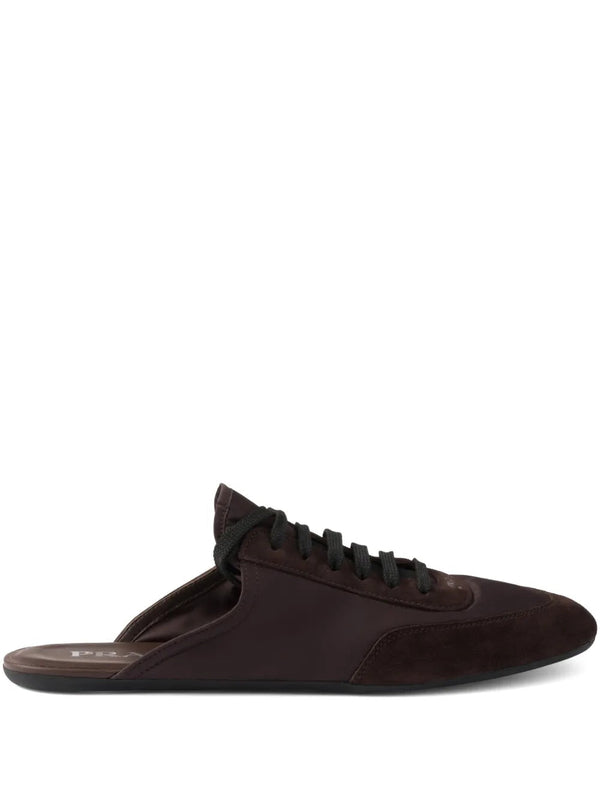 Prada Collapse Mules Brown Black Suede Goatskin