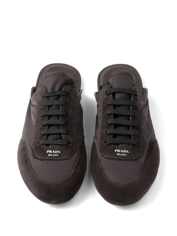 Prada Collapse Mules Brown Black Suede Goatskin