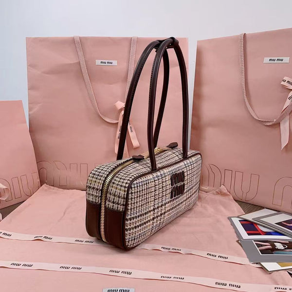 Sac à main Miu 5BB147 28cm Tweed Marron Beige