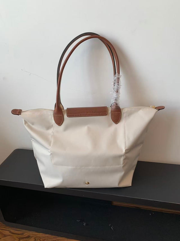 Longchamp Small Le Pliage Tote Bag Brown Cream Polyamide Leather