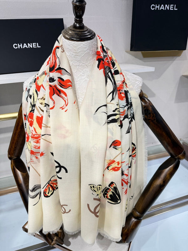 CC 2026 Square Scarf 140cm Red White Cashmere Silk 218853