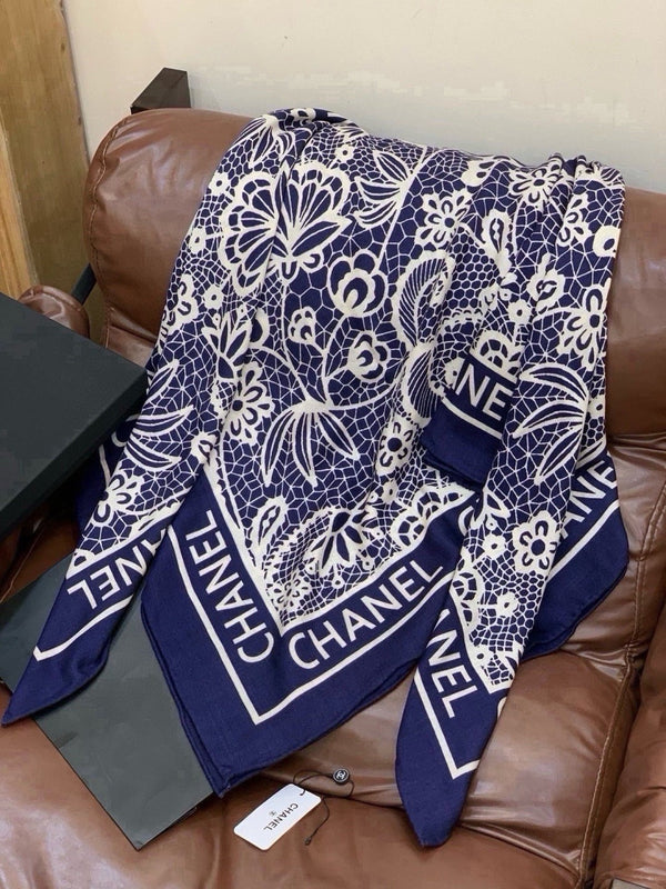 Chanel 2026 Lace Pattern Scarf 135cm Dark Blue Silk And Cashmere 213766
