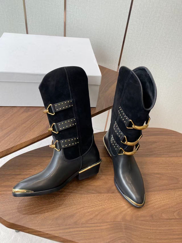 Isabel Marant Meixa Boots Santiag 30mm Black Leather and Metal