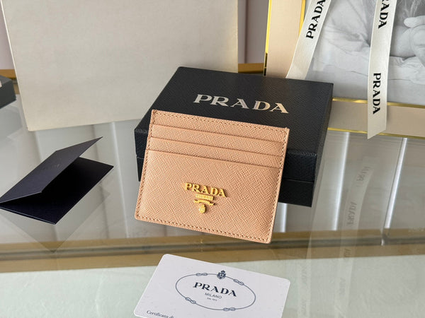 Pra Gold Logo-Stamp Card Holder Beige Saffiano Leather