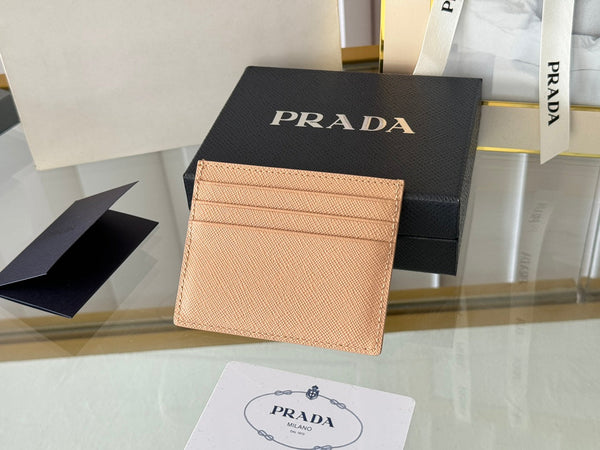 Pra Gold Logo-Stamp Card Holder Beige Saffiano Leather