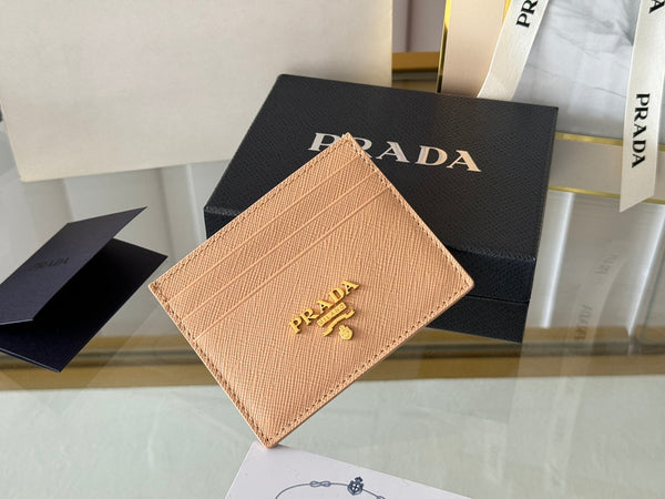 Pra Gold Logo-Stamp Card Holder Beige Saffiano Leather