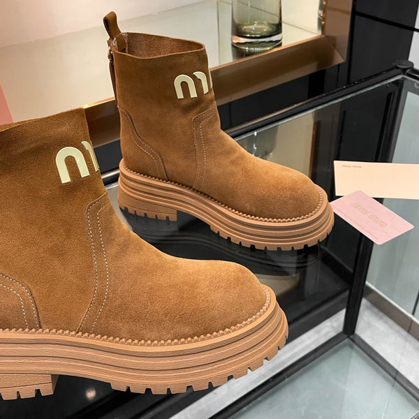 Miu 26s Logo Chunky Ankle Boots Suede