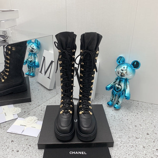 CC 2026 Knit Lace Up Combat Boots Black Calfskin 162215