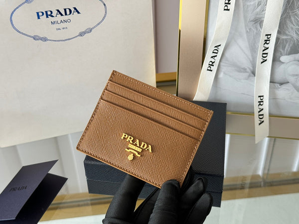 Pra Gold Logo-Stamp Card Holder Brown Saffiano Leather