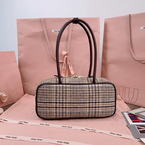 Sac à main Miu 5BB147 28cm Tweed Marron Beige
